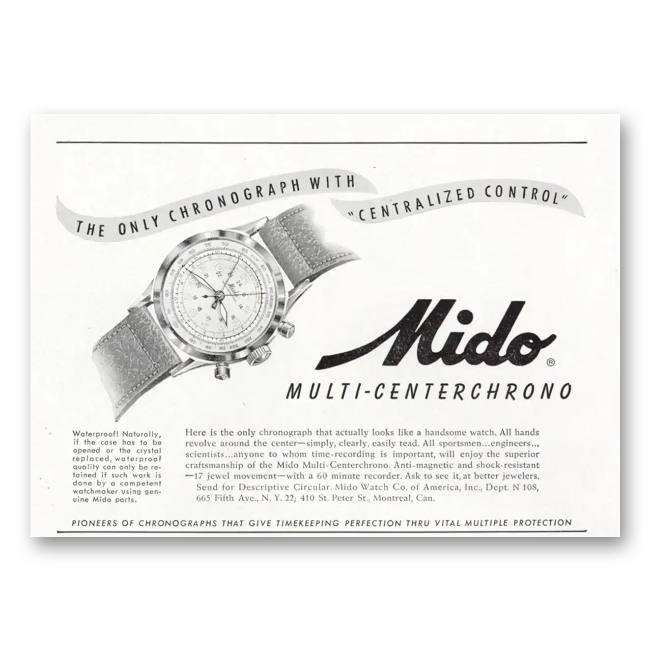 1948 Mido Watch Multi Centerchrono Vintage Magazine Print Ad