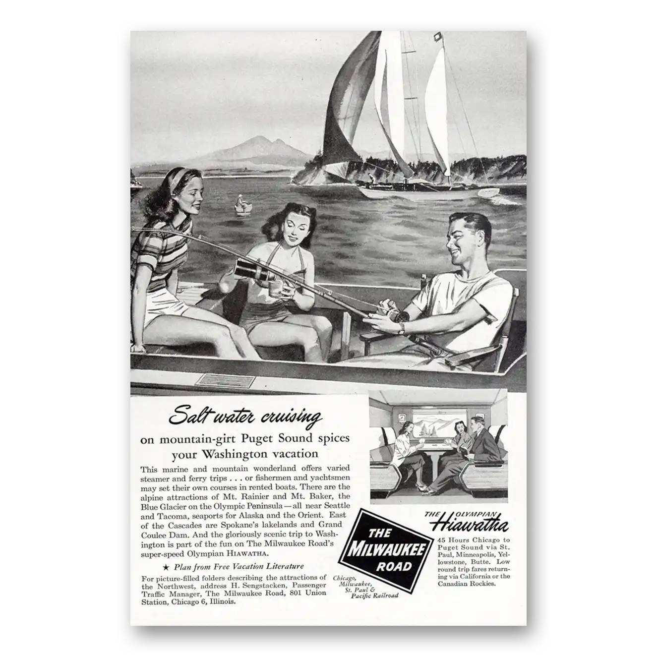 1948 Milwaukee Road Salt Water Cruising Puget Sound Vintage Magazine Print Ad