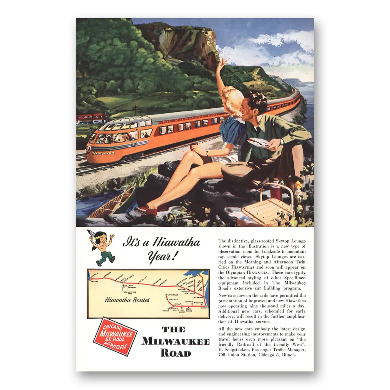 1948 Milwaukee Road Hiawatha Year Glass Roofed Skytop Lounge Vintage Magazine Print Ad