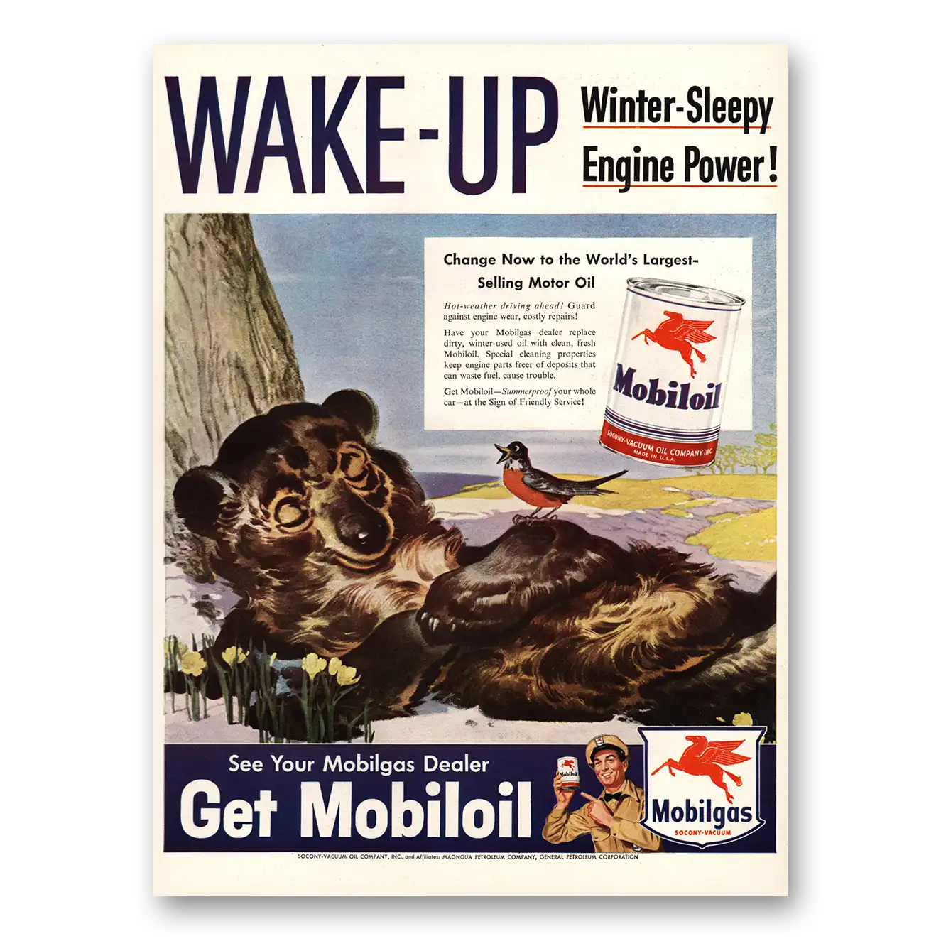 1948 Mobilgas Wake Up Winter Sleepy Engine Power Vintage Magazine Print Ad