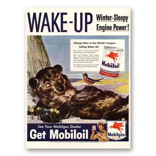 1948 Mobilgas Wake Up Winter Sleepy Engine Power Vintage Magazine Print Ad