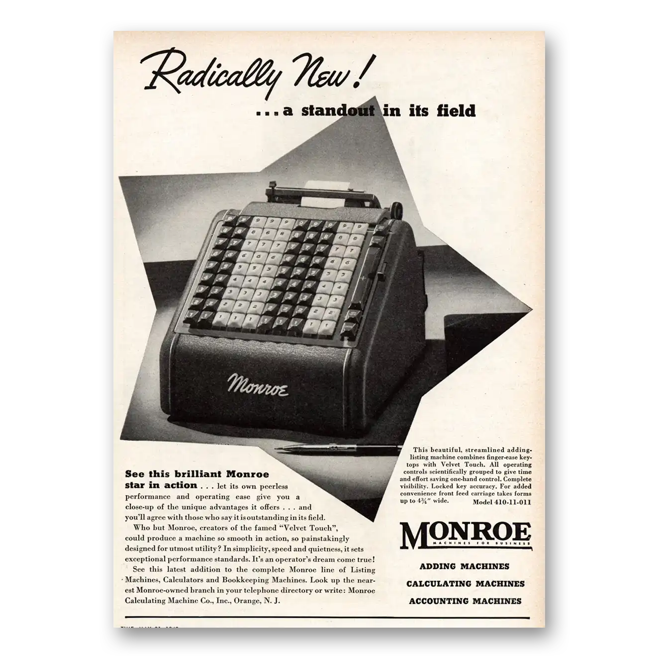 1948 Monroe Calculating Machines Adding Machine Radically New Standout Vintage Magazine Print Ad