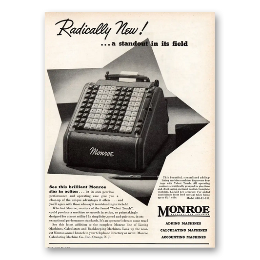 1948 Monroe Calculating Machines Adding Machine Radically New Standout Vintage Magazine Print Ad