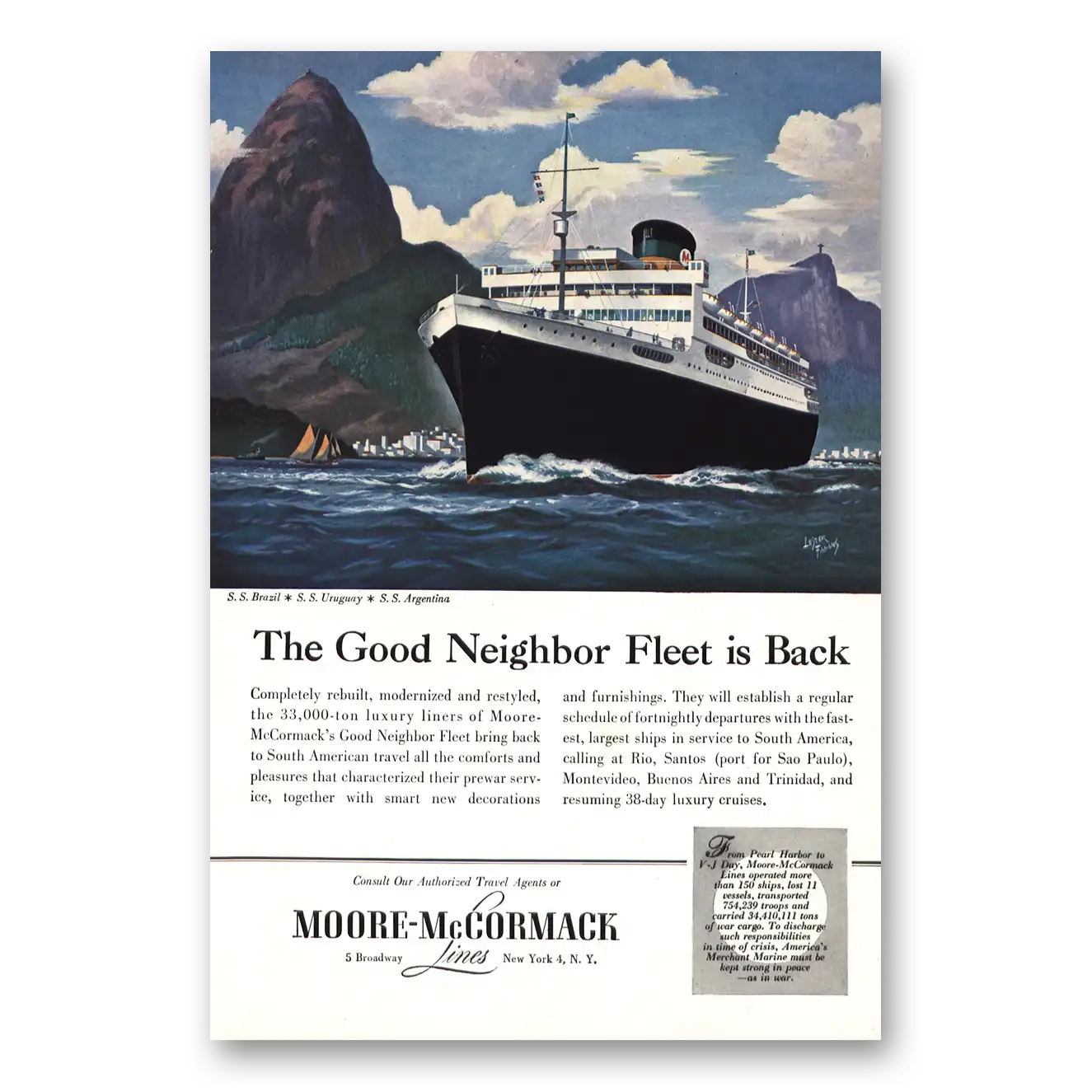 1948 Moore McCormack Lines Good Neighbor Fleet is Back Vintage Magazine Print Ad