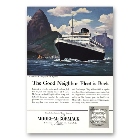 1948 Moore McCormack Lines Good Neighbor Fleet is Back Vintage Magazine Print Ad