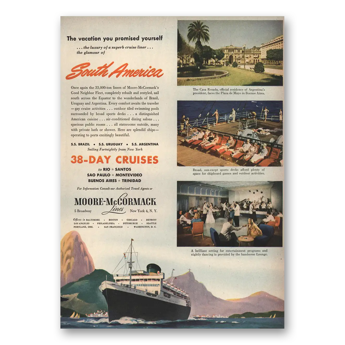 1948 Moore McCormack Lines SS Brazil SS Uruguay SS Argentina Vintage Magazine Print Ad