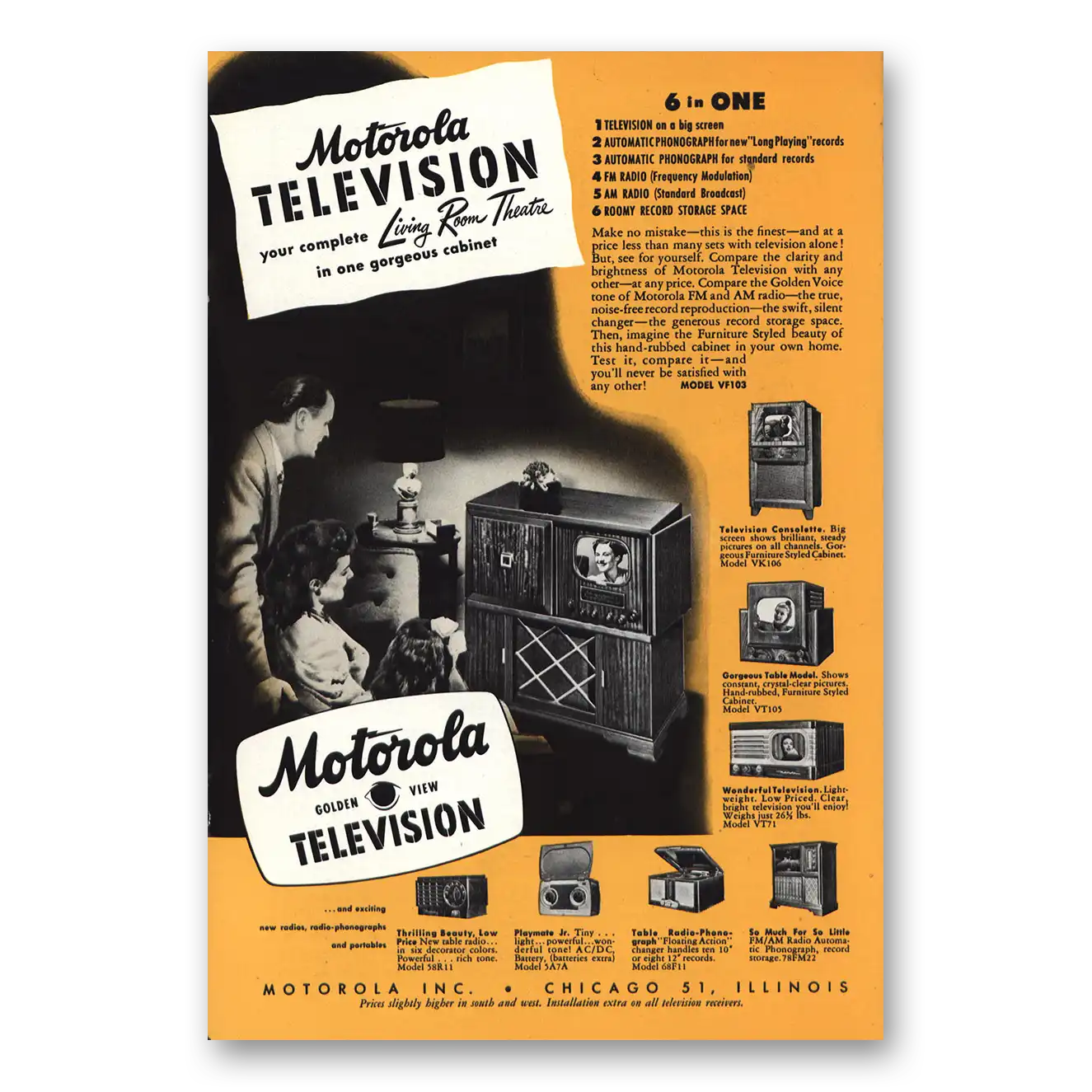 1948 Motorola Television Golden View Television Living Room Theatre Vintage Magazine Print Ad