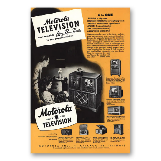 1948 Motorola Television Golden View Television Living Room Theatre Vintage Magazine Print Ad