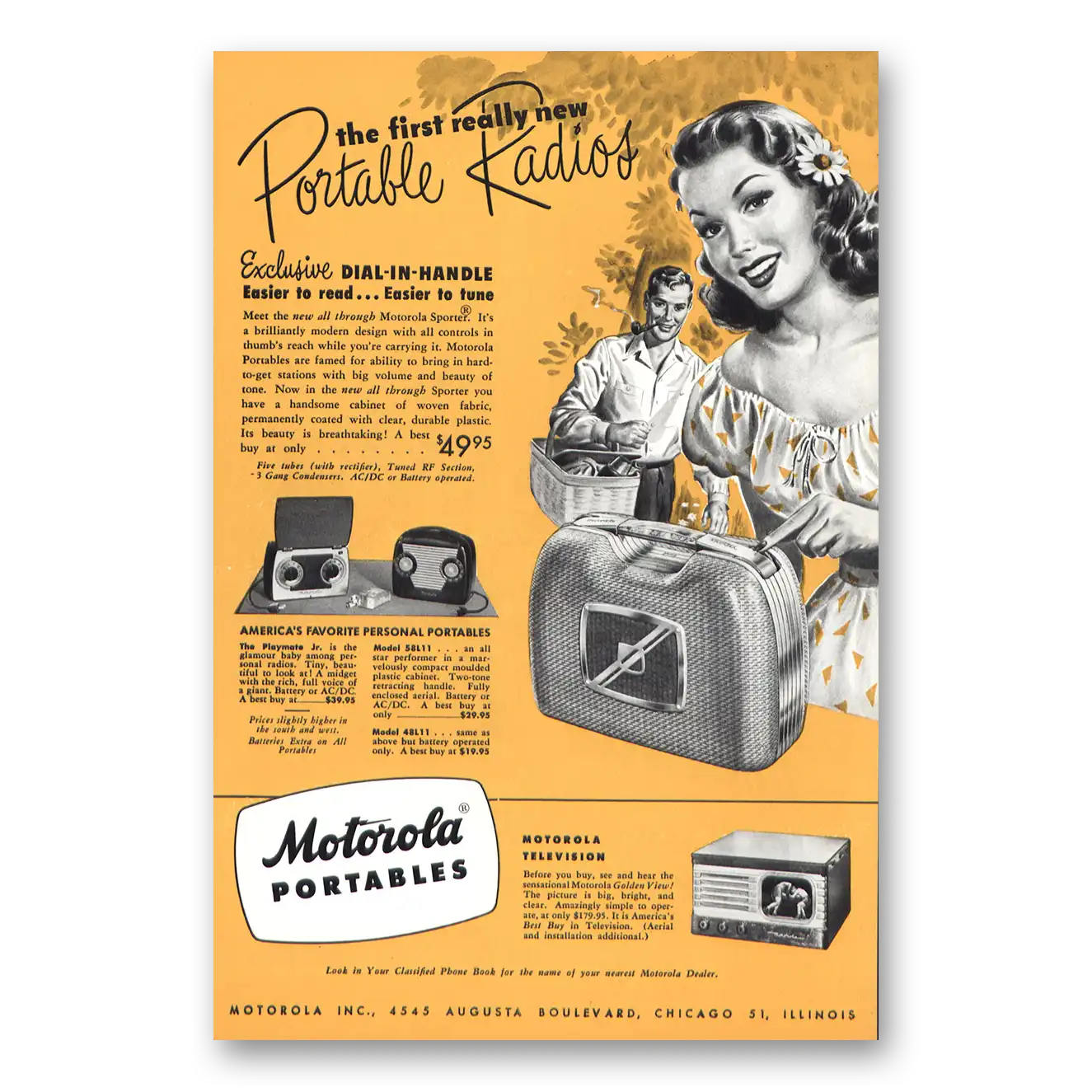 1948 Motorola Radio Portable Radio Dial In Handle Vintage Magazine Print Ad