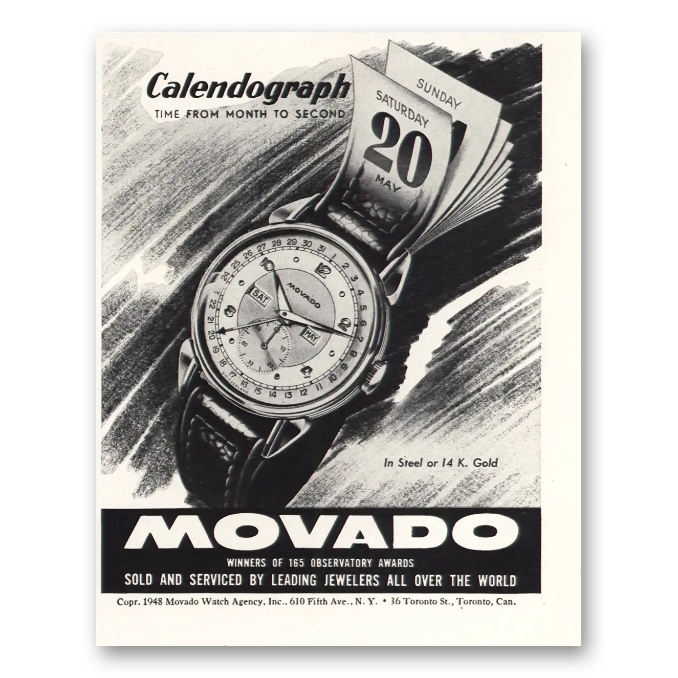1948 Movado Watch Calendograph 20 Vintage Magazine Print Ad