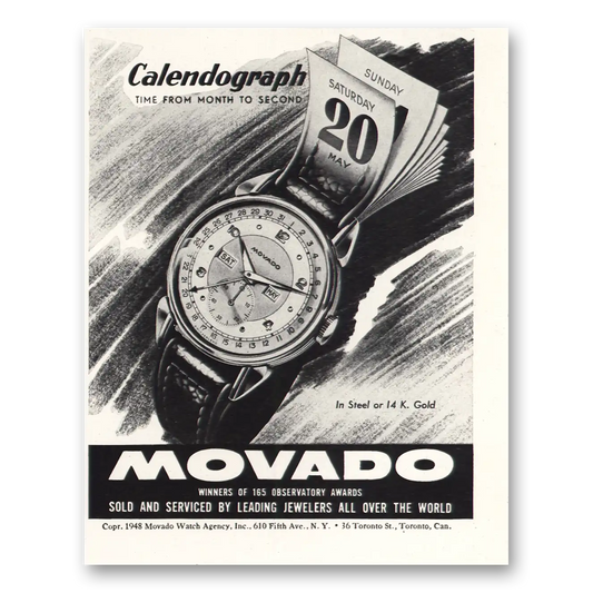 1948 Movado Watch Calendograph 20 Vintage Magazine Print Ad