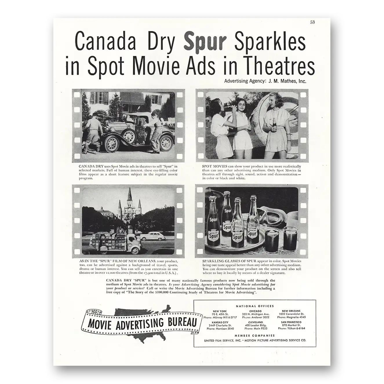 1948 Canada Dry Spur Sparkles Spot Movie Ads Vintage Magazine Print Ad