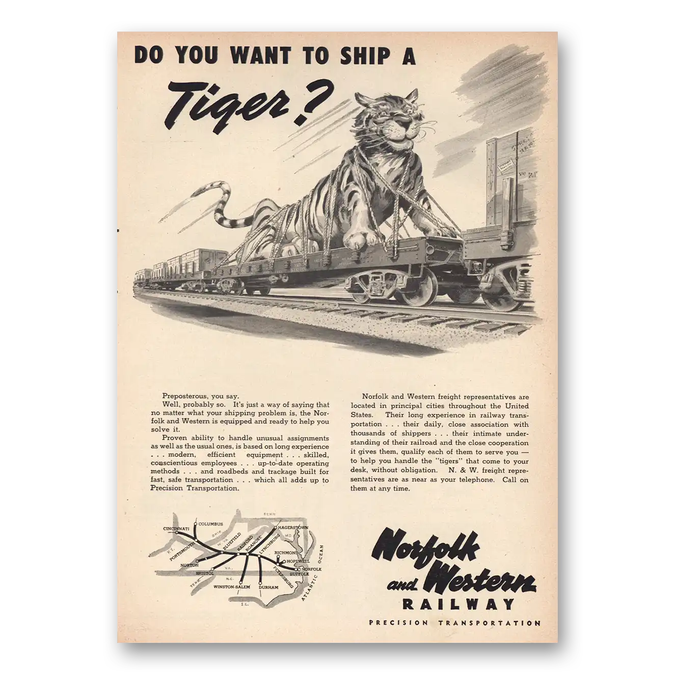 1948 Norfolk and Western Railway Do You Want to Ship a Tiger Vintage Magazine Print Ad