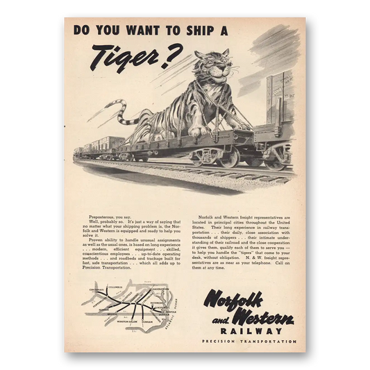 1948 Norfolk and Western Railway Do You Want to Ship a Tiger Vintage Magazine Print Ad