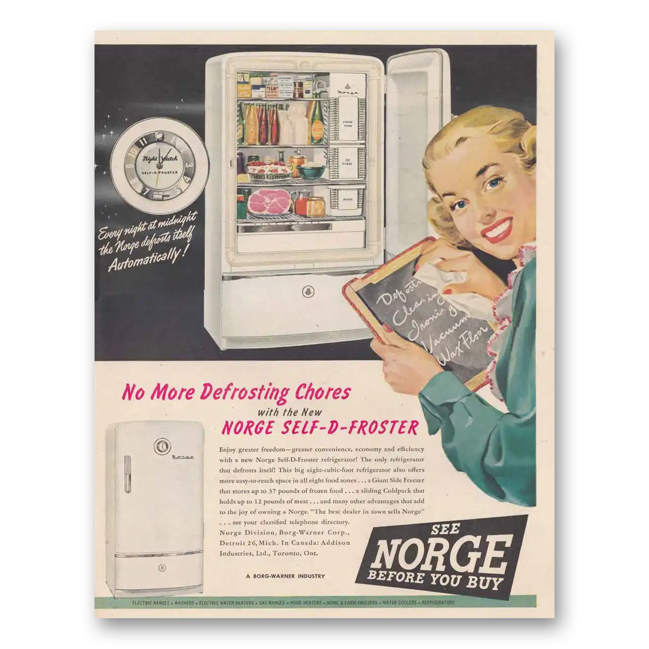 1948 Norge Refrigerator No More Defrosting Chores Vintage Magazine Print Ad