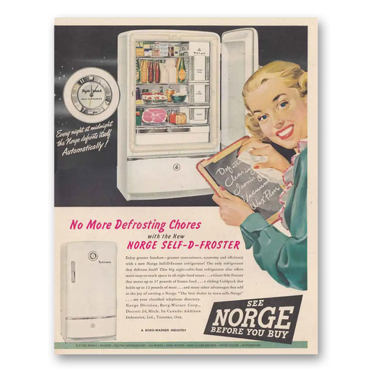 1948 Norge Refrigerator No More Defrosting Chores Vintage Magazine Print Ad