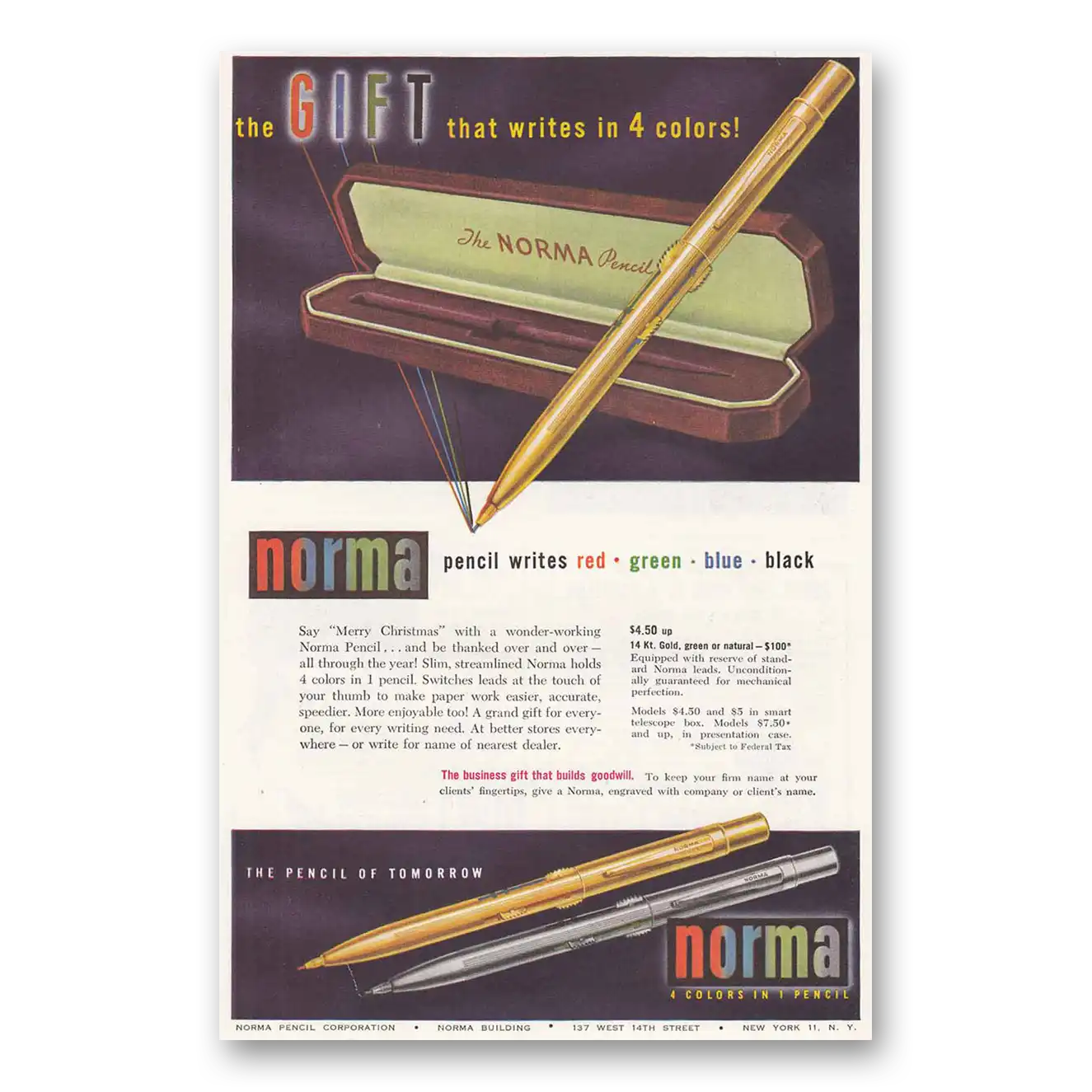 1948 Norma Pencil Writes Red Green Blue Vintage Magazine Print Ad