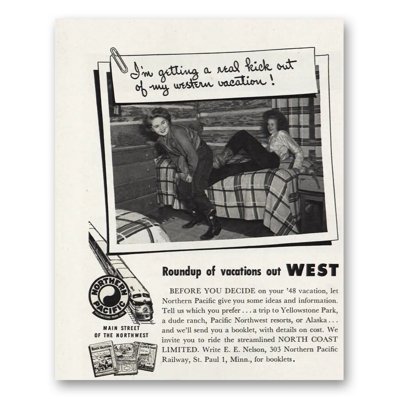 1948 Northern Pacific Railway Roundup Real Kick Vintage Magazine Print Ad