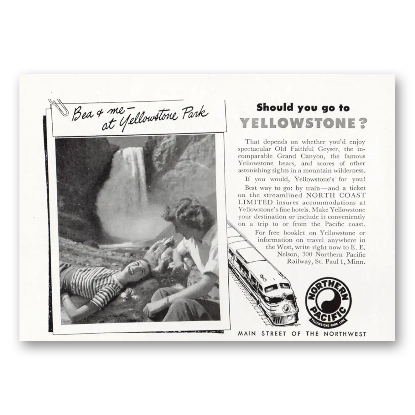 1948 Northern Pacific Railway Bea and Me Yellowstone Vintage Magazine Print Ad