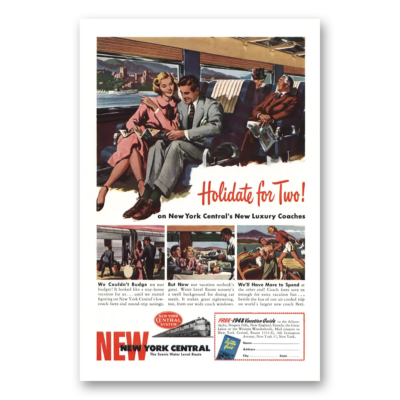 1948 New York Central Holidate for Two Vintage Magazine Print Ad