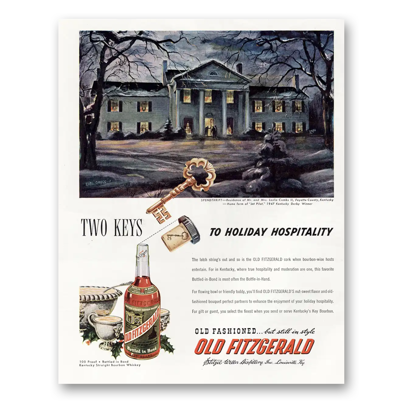 1948 Old Fitzgerald Whiskey Two Keys to Holiday Hospitality Vintage Magazine Print Ad