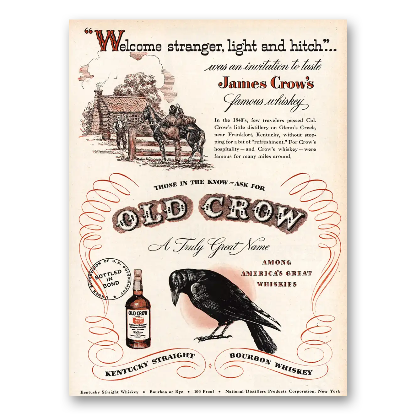 1948 Old Crow Whiskey Welcome Stranger Light and Hitch Vintage Magazine Print Ad