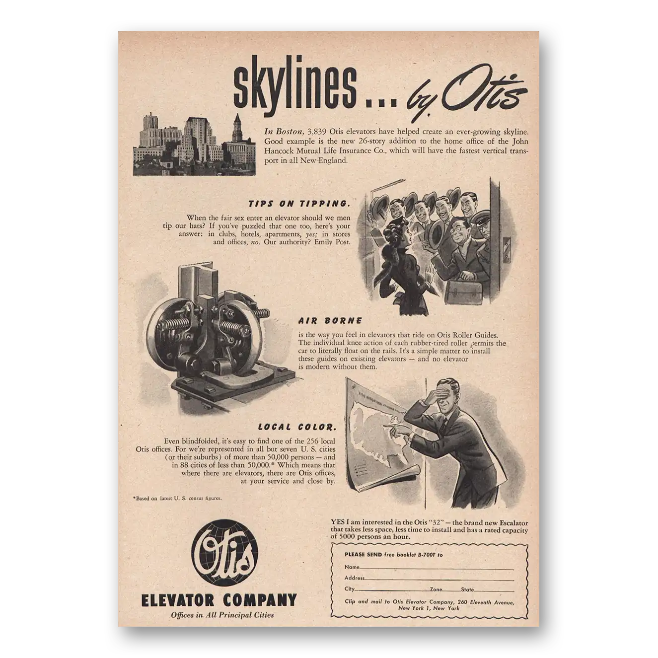 1948 Otis Elevator Skylines Boston Vintage Magazine Print Ad