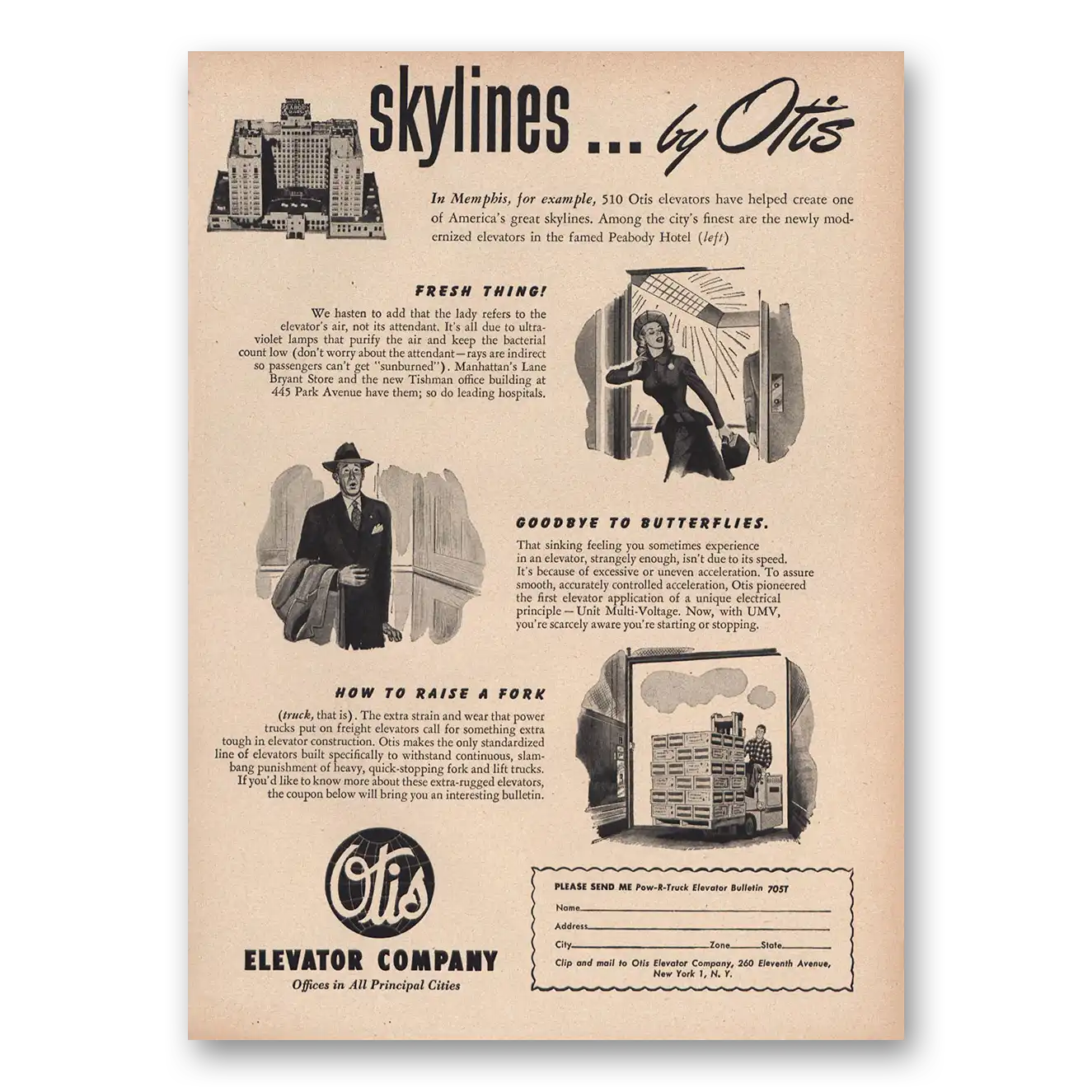 1948 Otis Elevator Skylines Memphis Vintage Magazine Print Ad