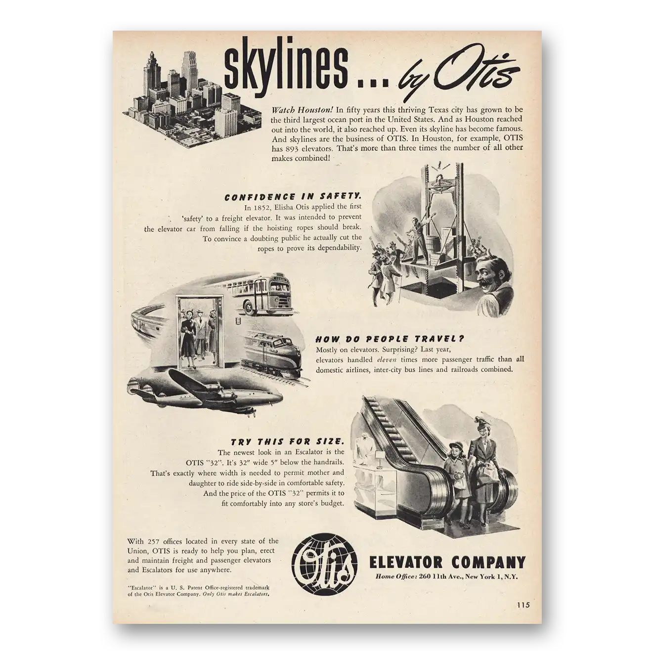 1948 Otis Elevator Skylines Houston Vintage Magazine Print Ad