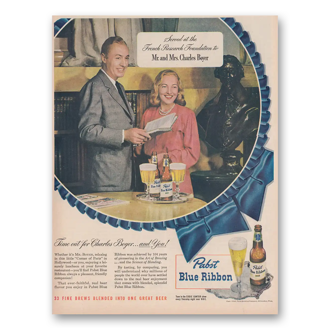 1948 Pabst Blue Ribbon Beer Mr and Mrs Charles Boyer Vintage Magazine Print Ad