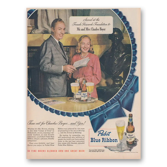 1948 Pabst Blue Ribbon Beer Mr and Mrs Charles Boyer Vintage Magazine Print Ad