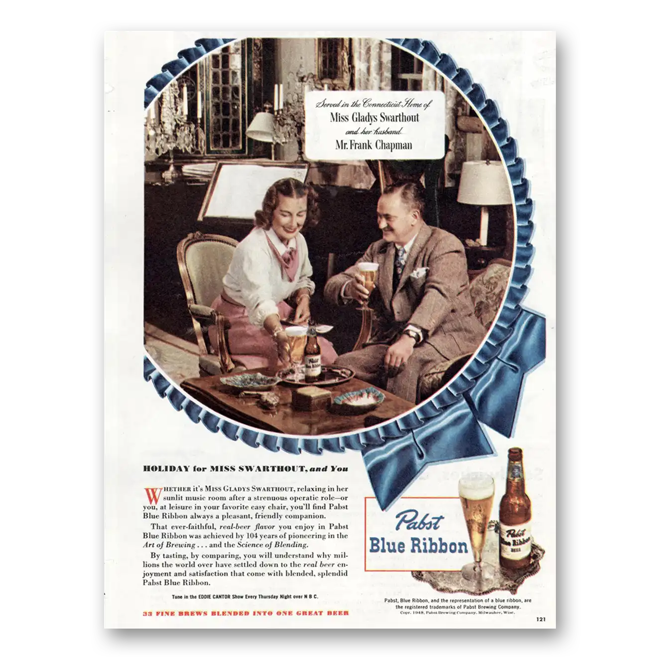 1948 Pabst Blue Ribbon Beer Miss Gladys Swarthout Vintage Magazine Print Ad