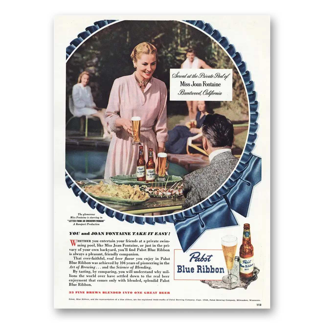 1948 Pabst Blue Ribbon Beer Miss Joan Fontaine Vintage Magazine Print Ad