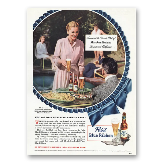 1948 Pabst Blue Ribbon Beer Miss Joan Fontaine Vintage Magazine Print Ad