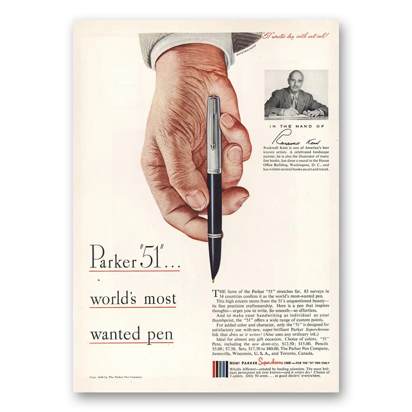 1948 Parker 51 Pen Rockwell Kent Parker 51 Vintage Magazine Print Ad