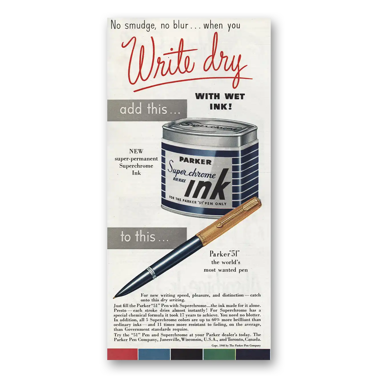 1948 Parker Super Chrome Ink Write Dry Vintage Magazine Print Ad