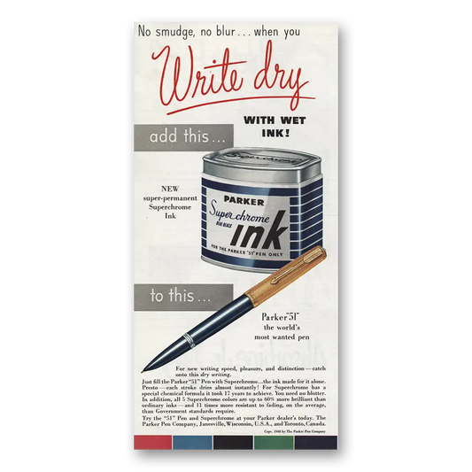 1948 Parker Super Chrome Ink Write Dry Vintage Magazine Print Ad