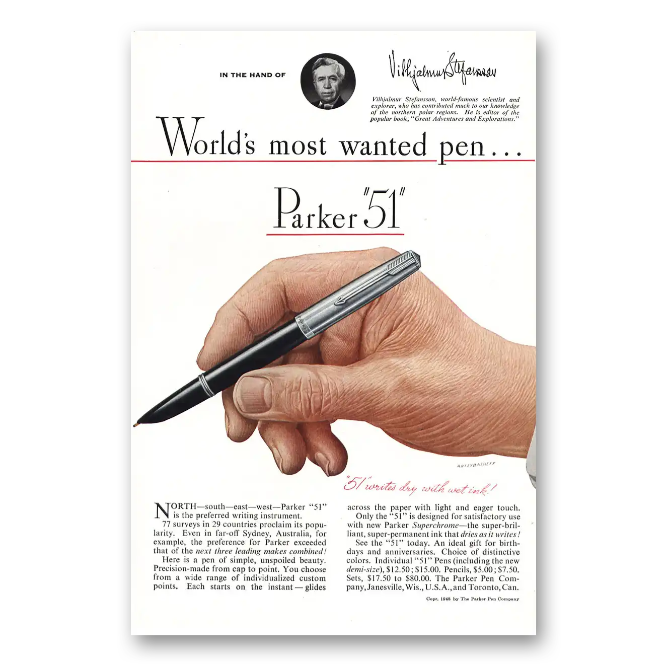 1948 Parker 51 Pen Vilhjalmur Stefansson Parker 51 Vintage Magazine Print Ad