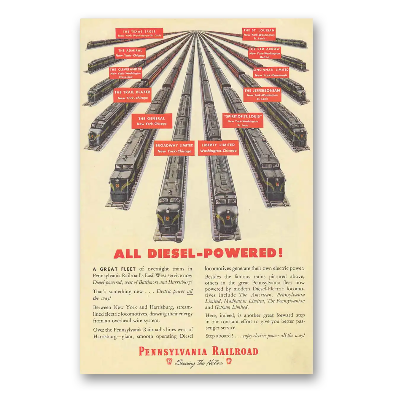 1948 Pennsylvania Railroad All Diesel Powered Vintage Magazine Print Ad