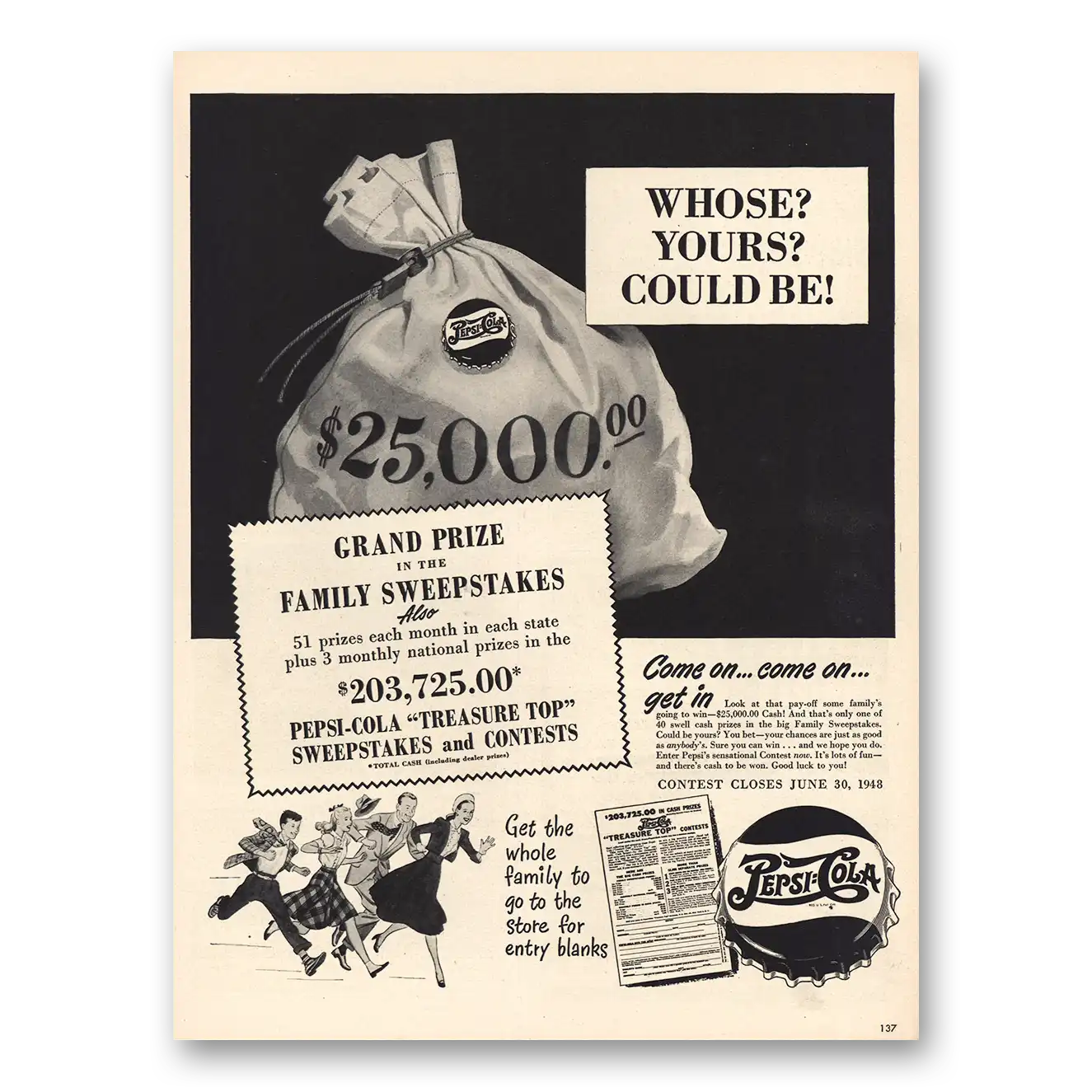 1948 Pepsi Family Sweepstakes Vintage Magazine Print Ad