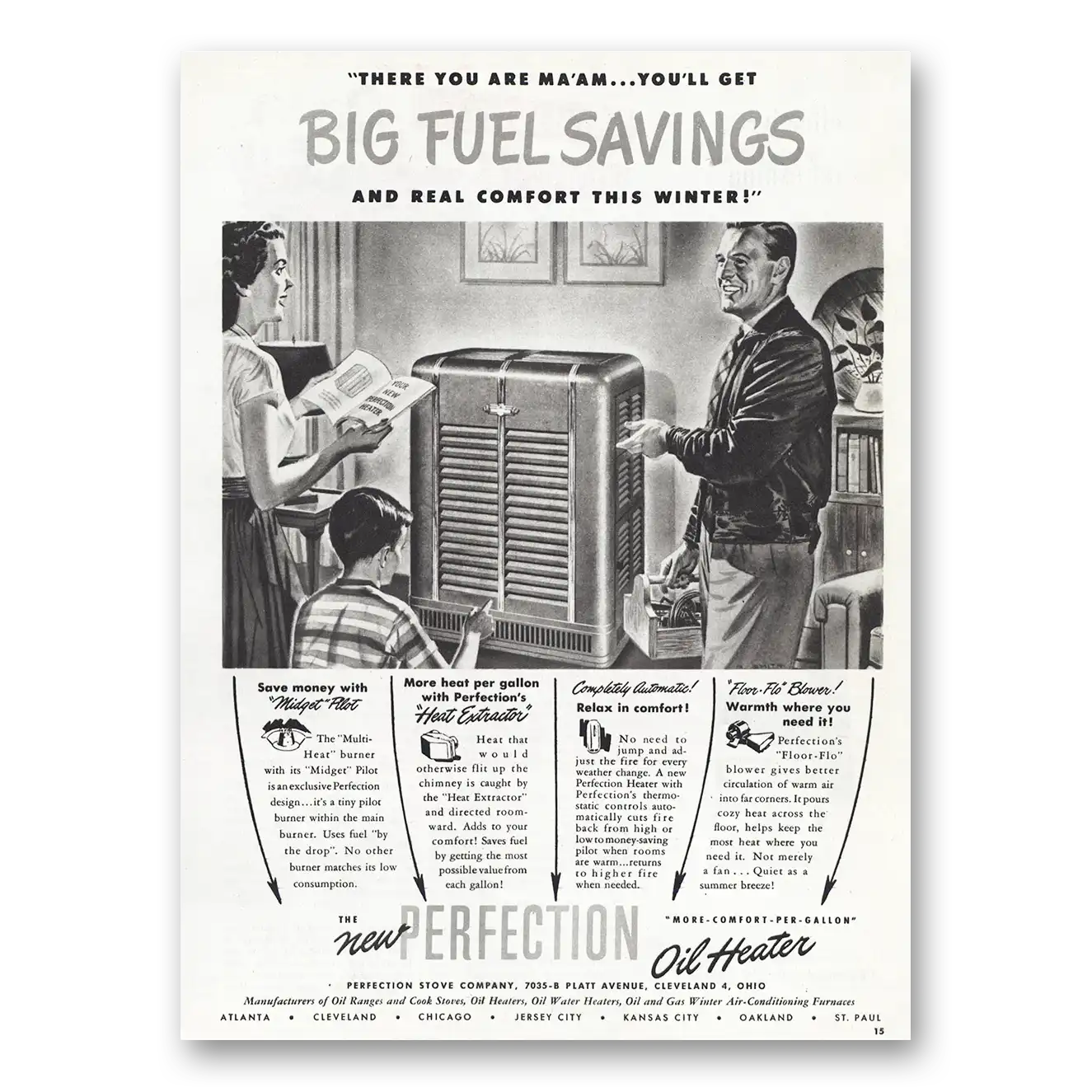 1948 Perfection Oil Heater Big Fuel Savings Vintage Magazine Print Ad