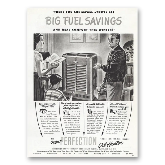 1948 Perfection Oil Heater Big Fuel Savings Vintage Magazine Print Ad