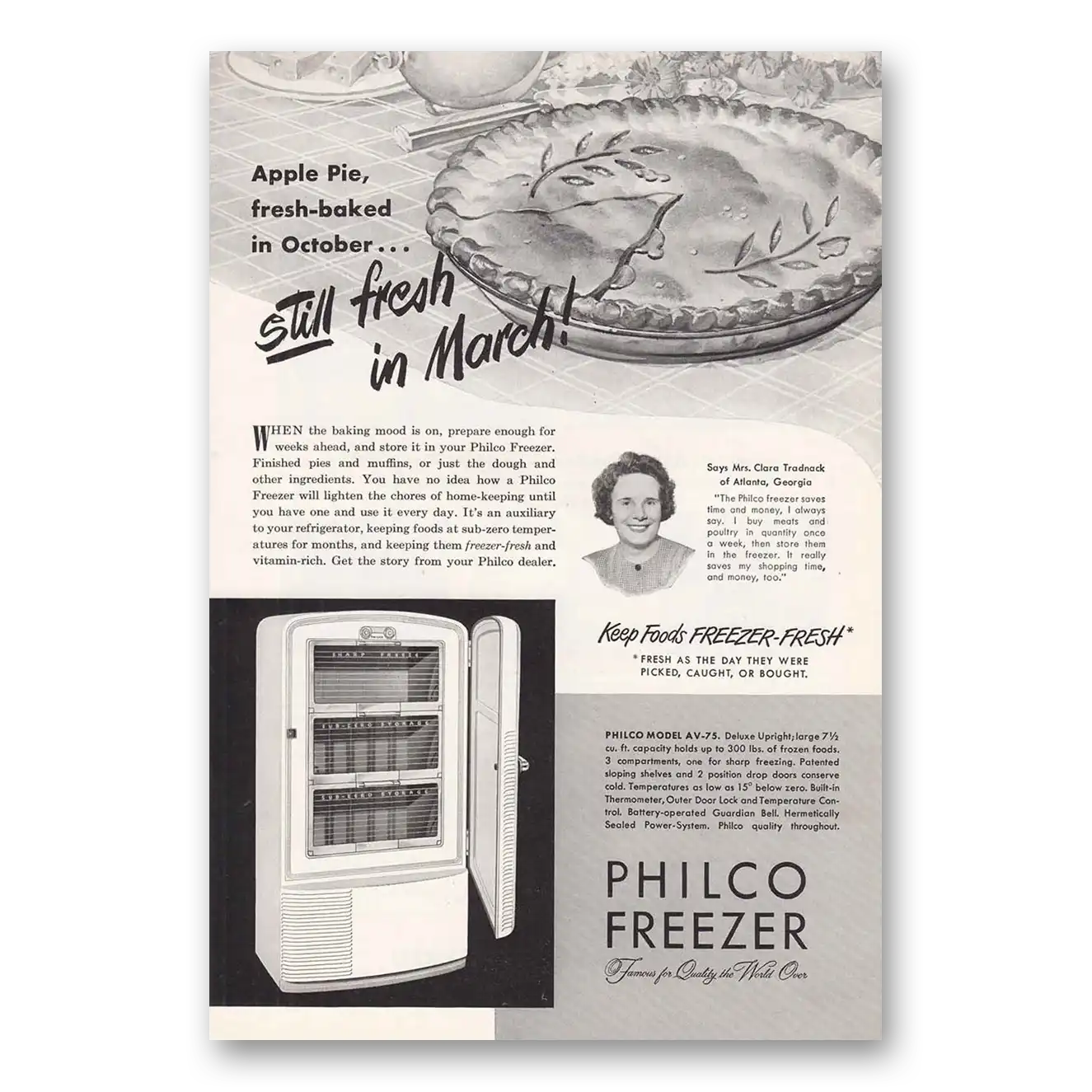 1948 Philco Freezer Apple Pie Still Fresh in March Vintage Magazine Print Ad