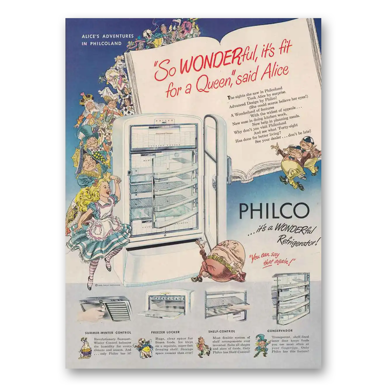 1948 Philco Refrigerator Alices Adventures in Philco Vintage Magazine Print Ad