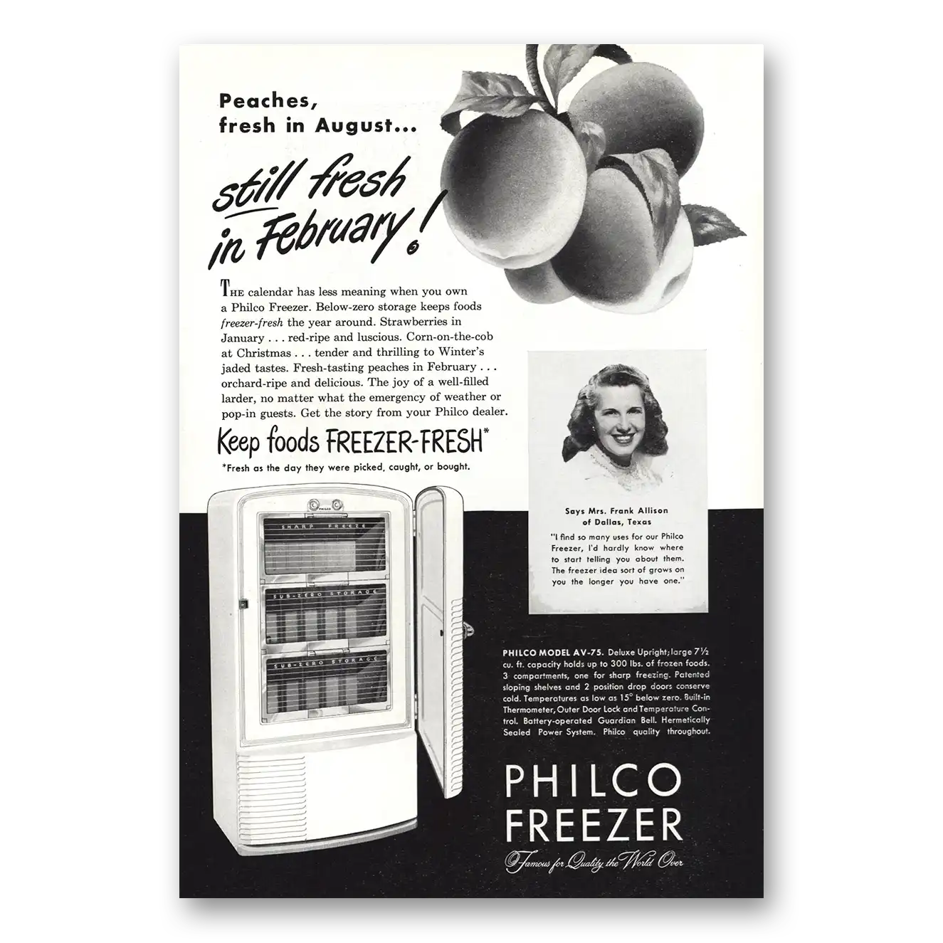 1948 Philco Freezer Peaches Fresh in August Vintage Magazine Print Ad