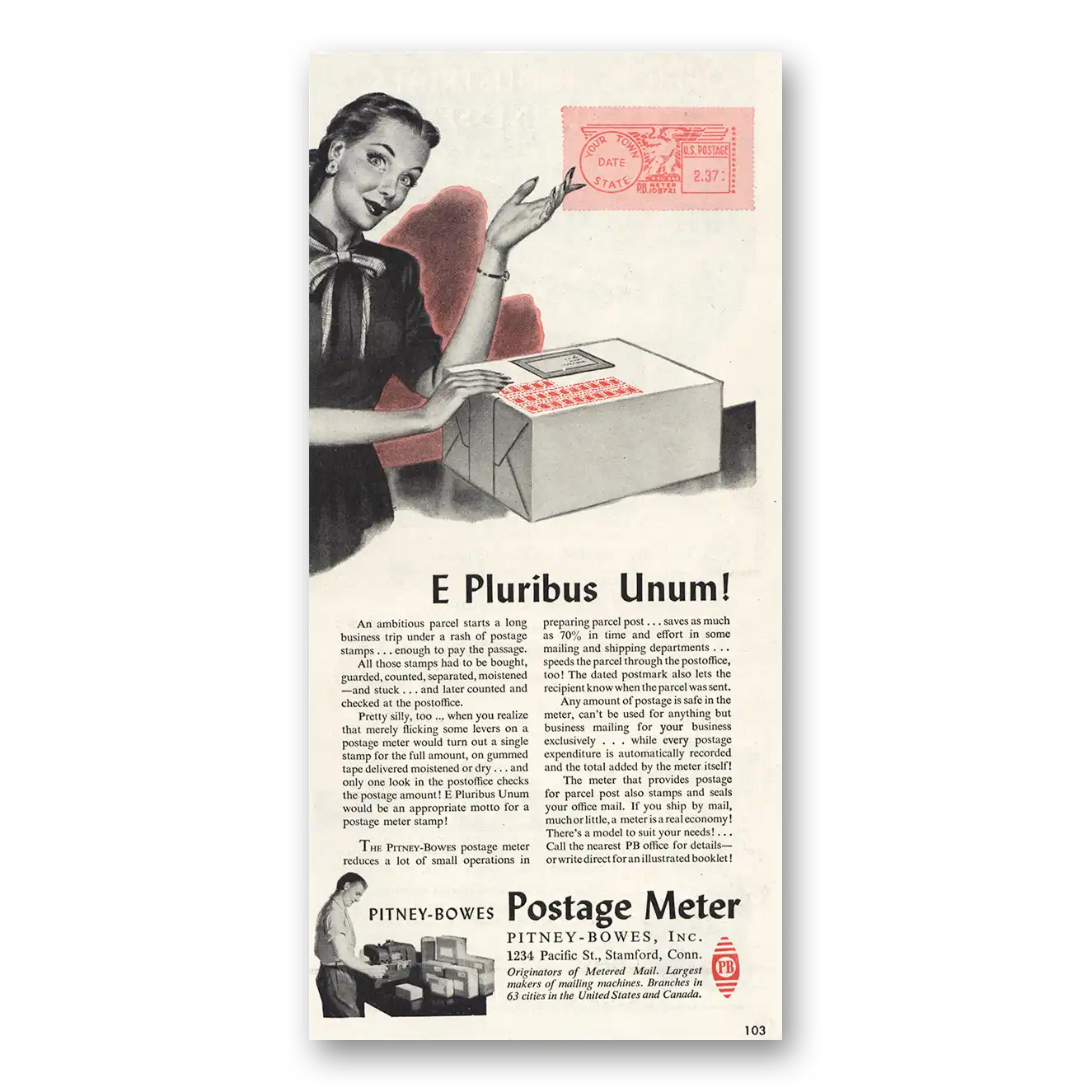 1948 Pitney Bowes Postage Meter E Pluribus Unum Vintage Magazine Print Ad