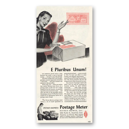 1948 Pitney Bowes Postage Meter E Pluribus Unum Vintage Magazine Print Ad