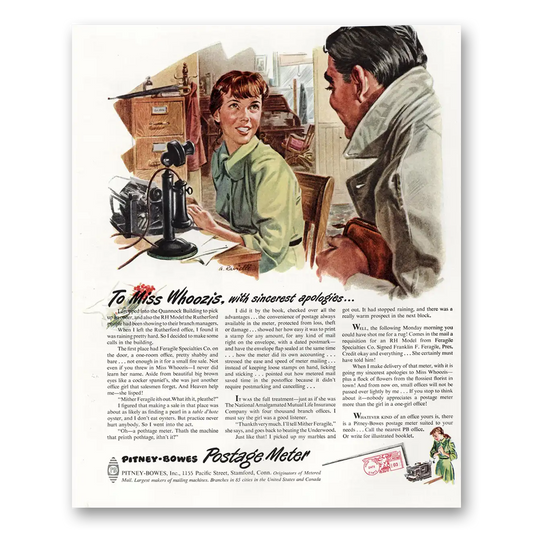 1948 Pitney Bowes Postage Meter Miss Whoozis Vintage Magazine Print Ad