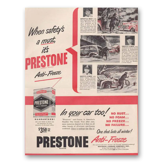 1948 Prestone Anti Freeze Anti Freeze Safetys a Must Vintage Magazine Print Ad