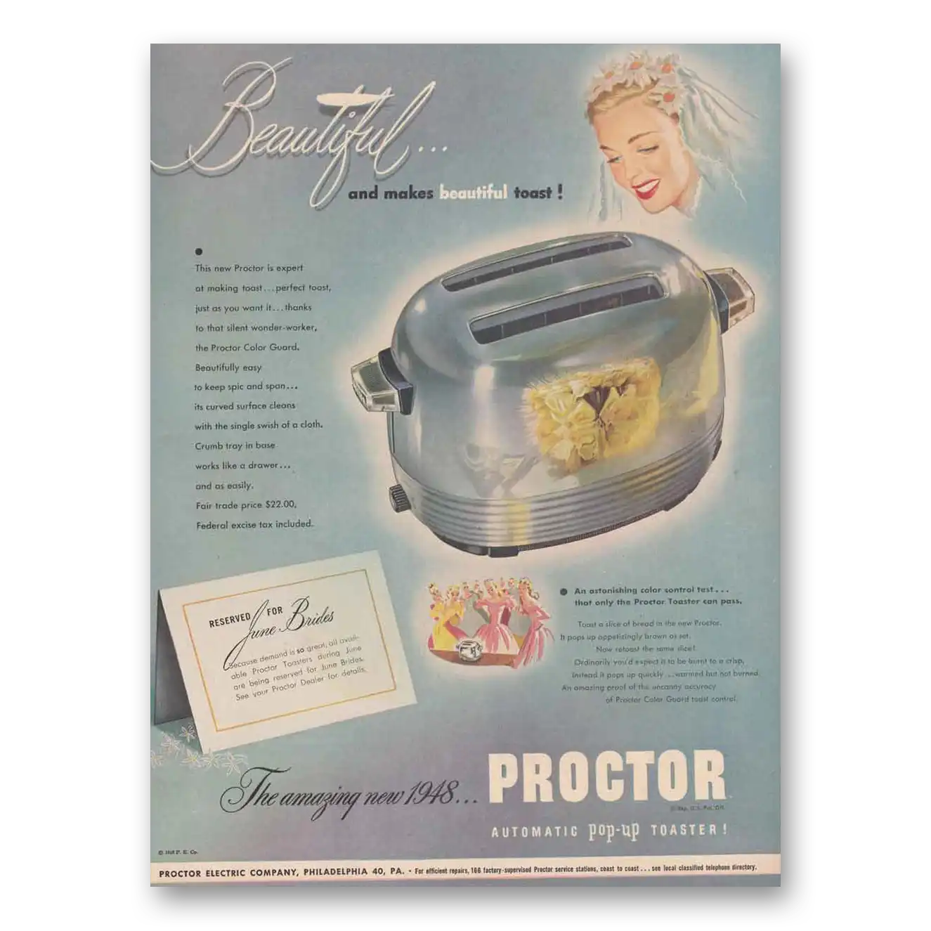 1948 Proctor Toaster Automatic Pop Up Toaster Beautiful Vintage Magazine Print Ad